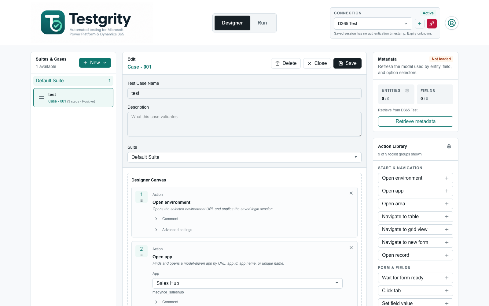 Test case open in the Designer