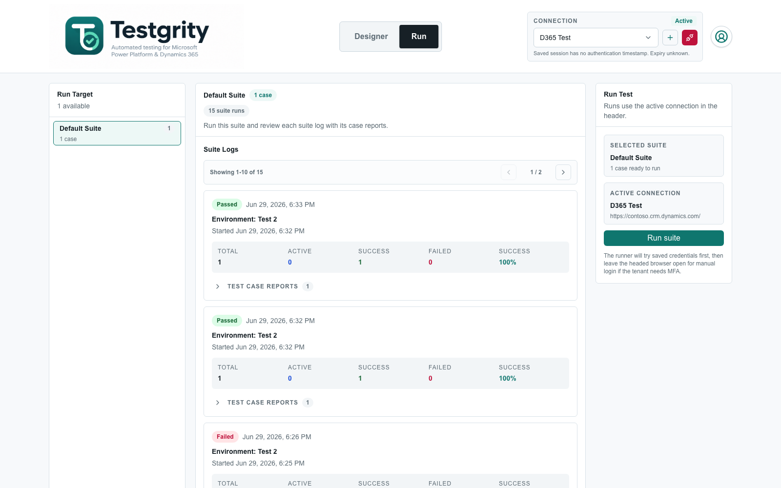 Run workspace and suite logs