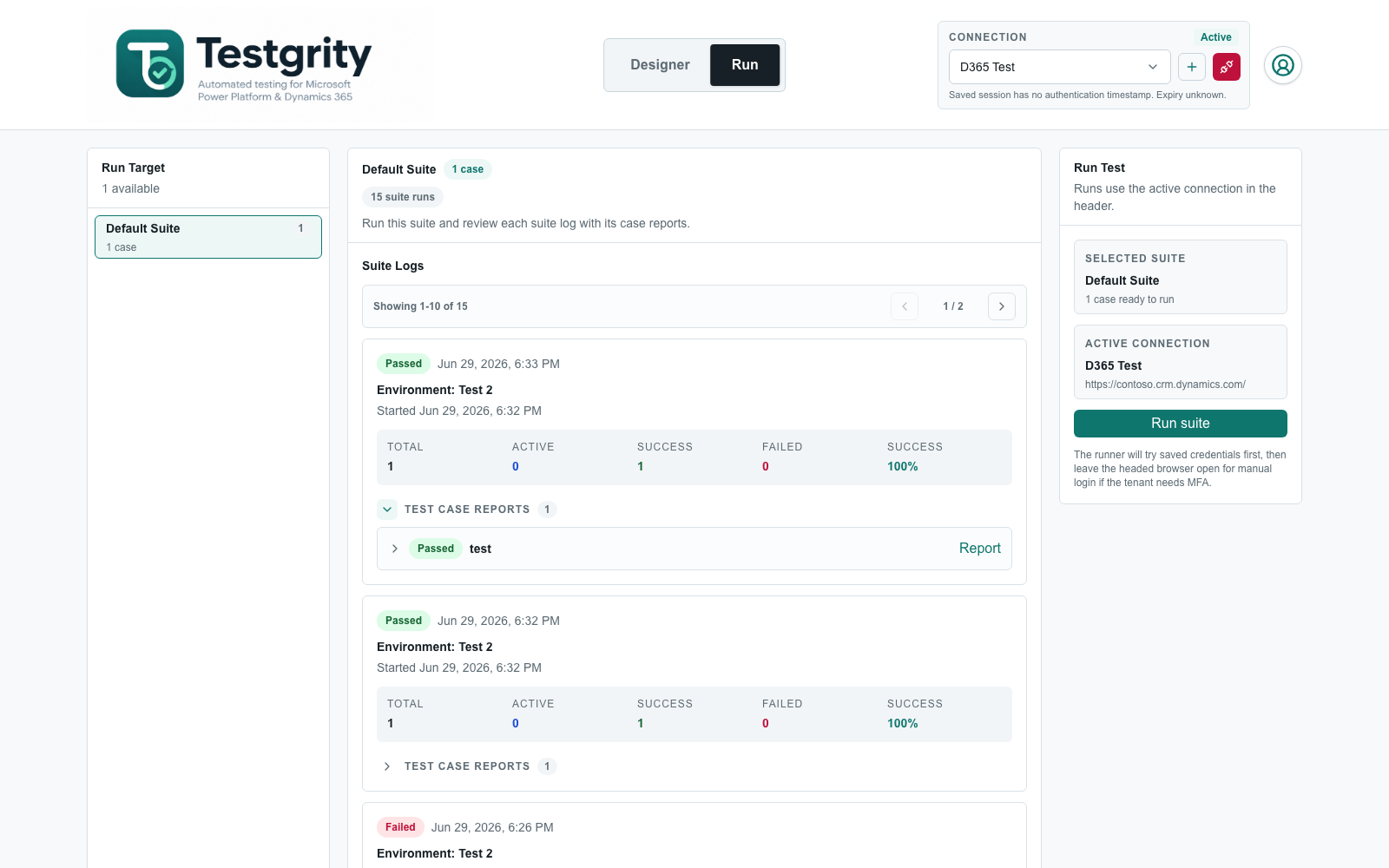 Expanded case reports in a suite log